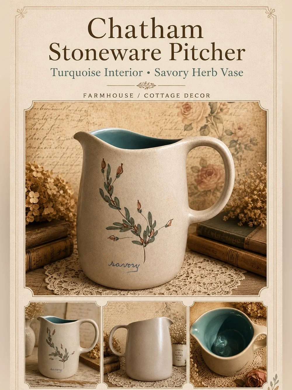 Chatham Stoneware Pitcher 7.5” Turquoise Interior Savory Herb Flower Vase